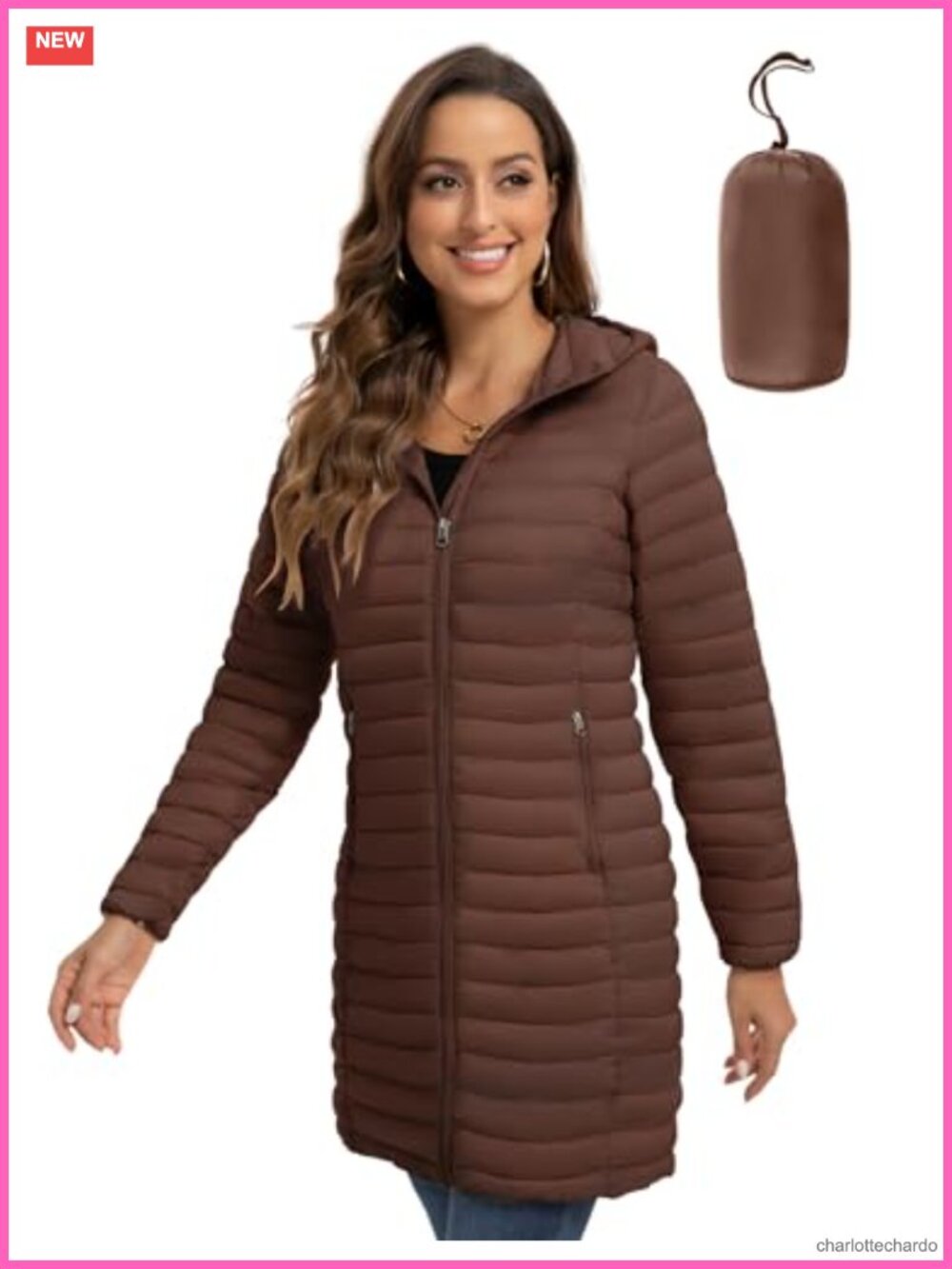 Packable Hooded Quilted Puffer Jacket Travel Lightweight Mid-Length